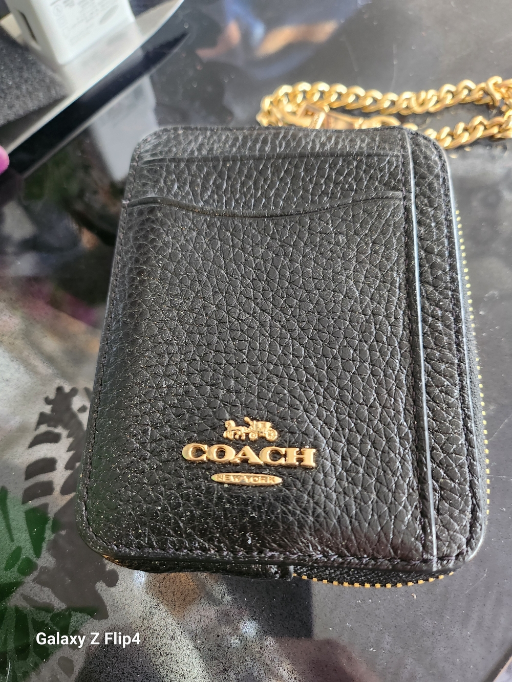 Coach Black Pebbled Leather Zip Card Case with Gold Logo